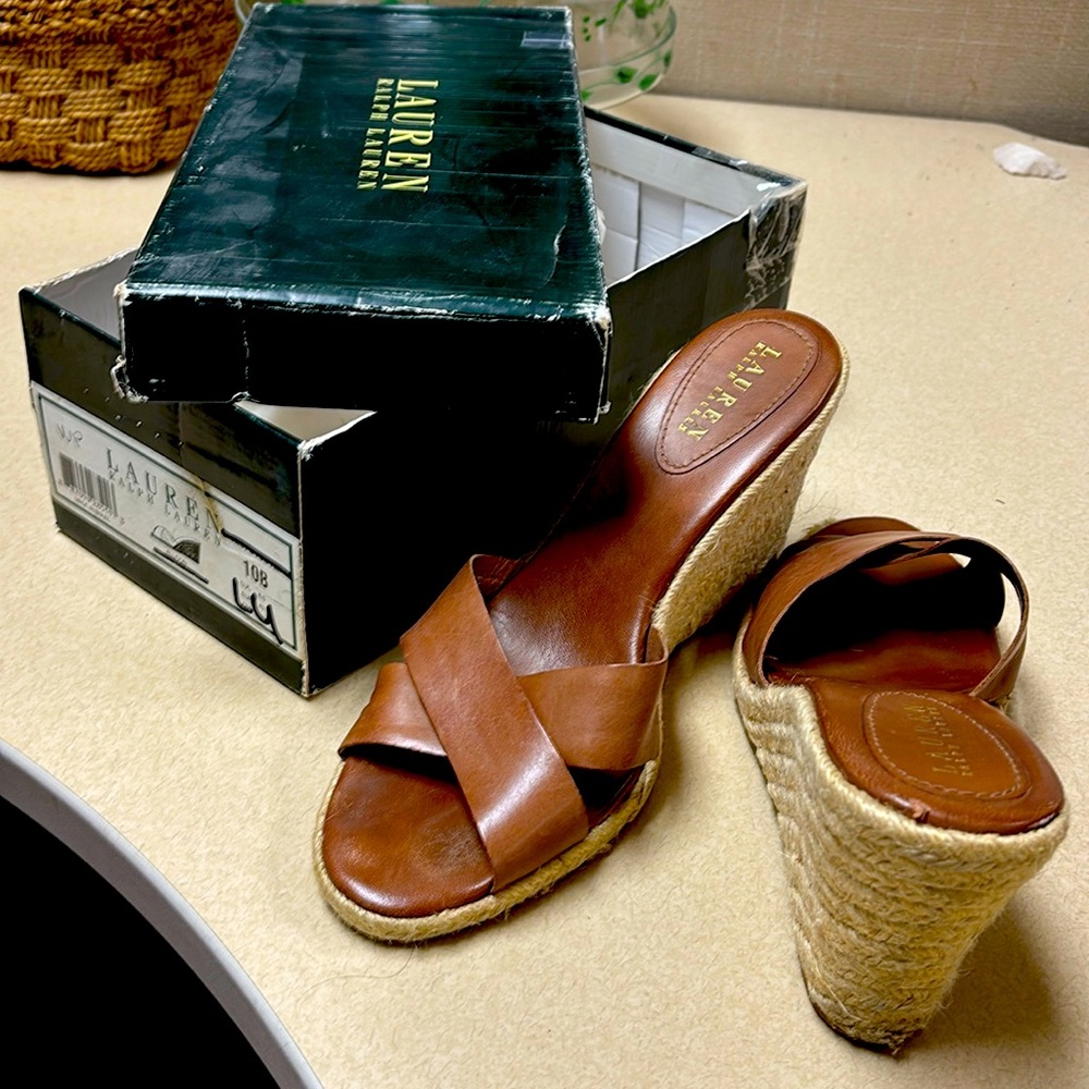 Ralph Lauren leather wedge sandal slightly worn